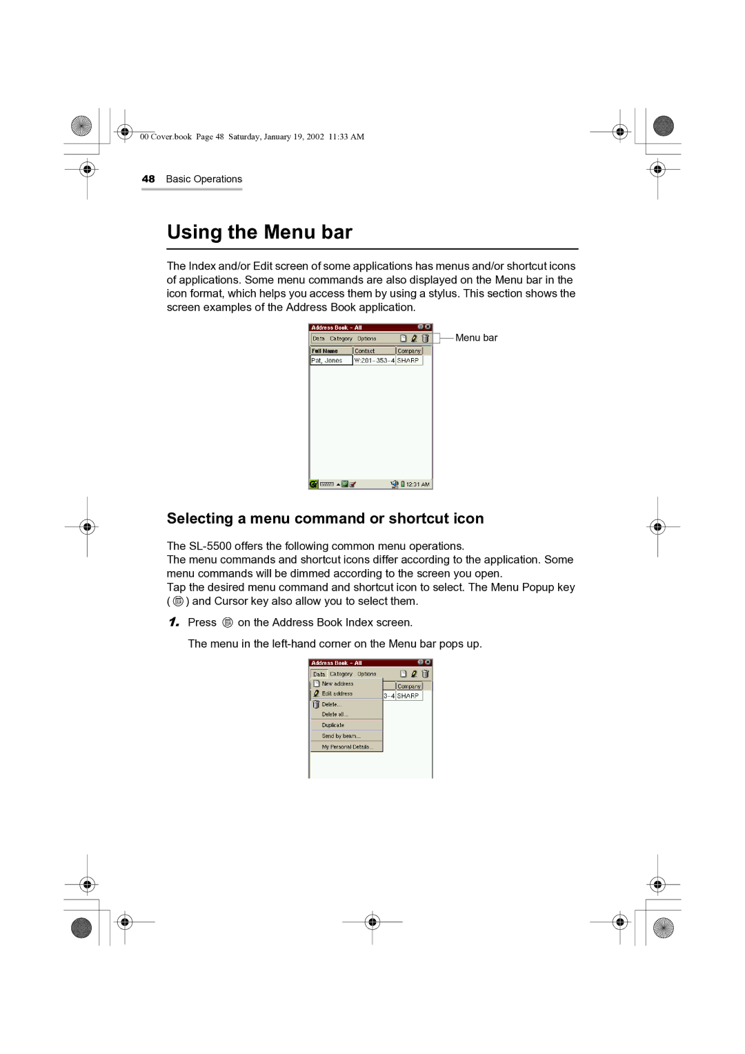 Sharp SL-5500 manual Using the Menu bar, Selecting a menu command or shortcut icon 