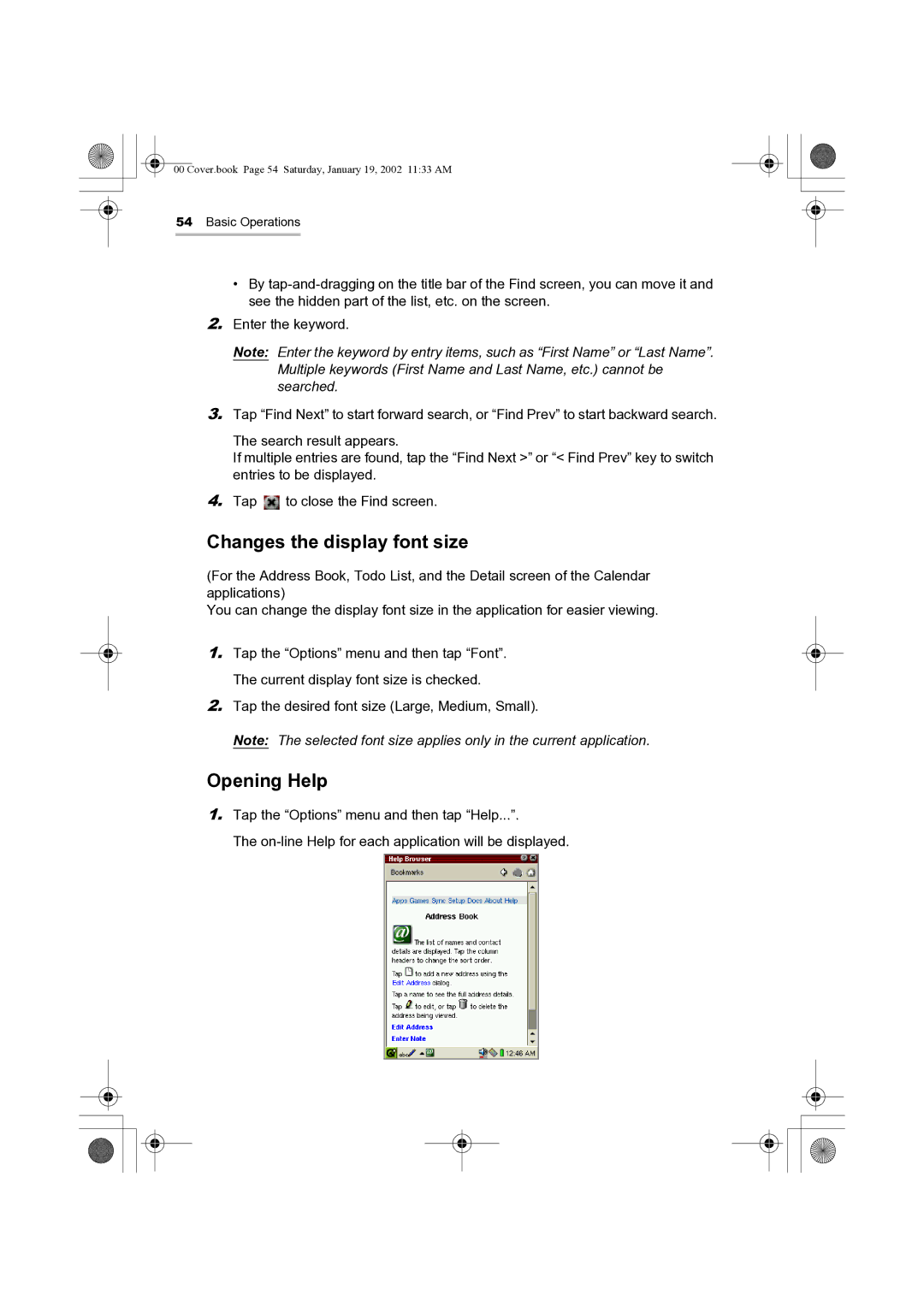 Sharp SL-5500 manual Changes the display font size, Opening Help 