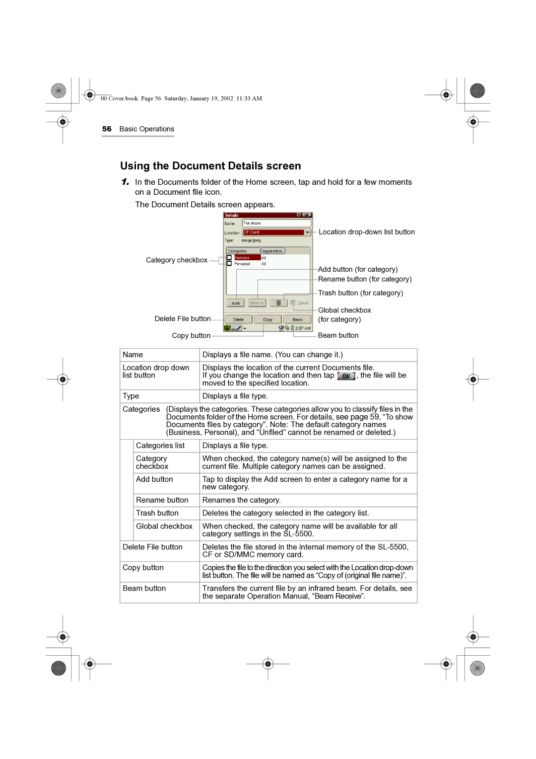 Sharp SL-5500 manual Using the Document Details screen 