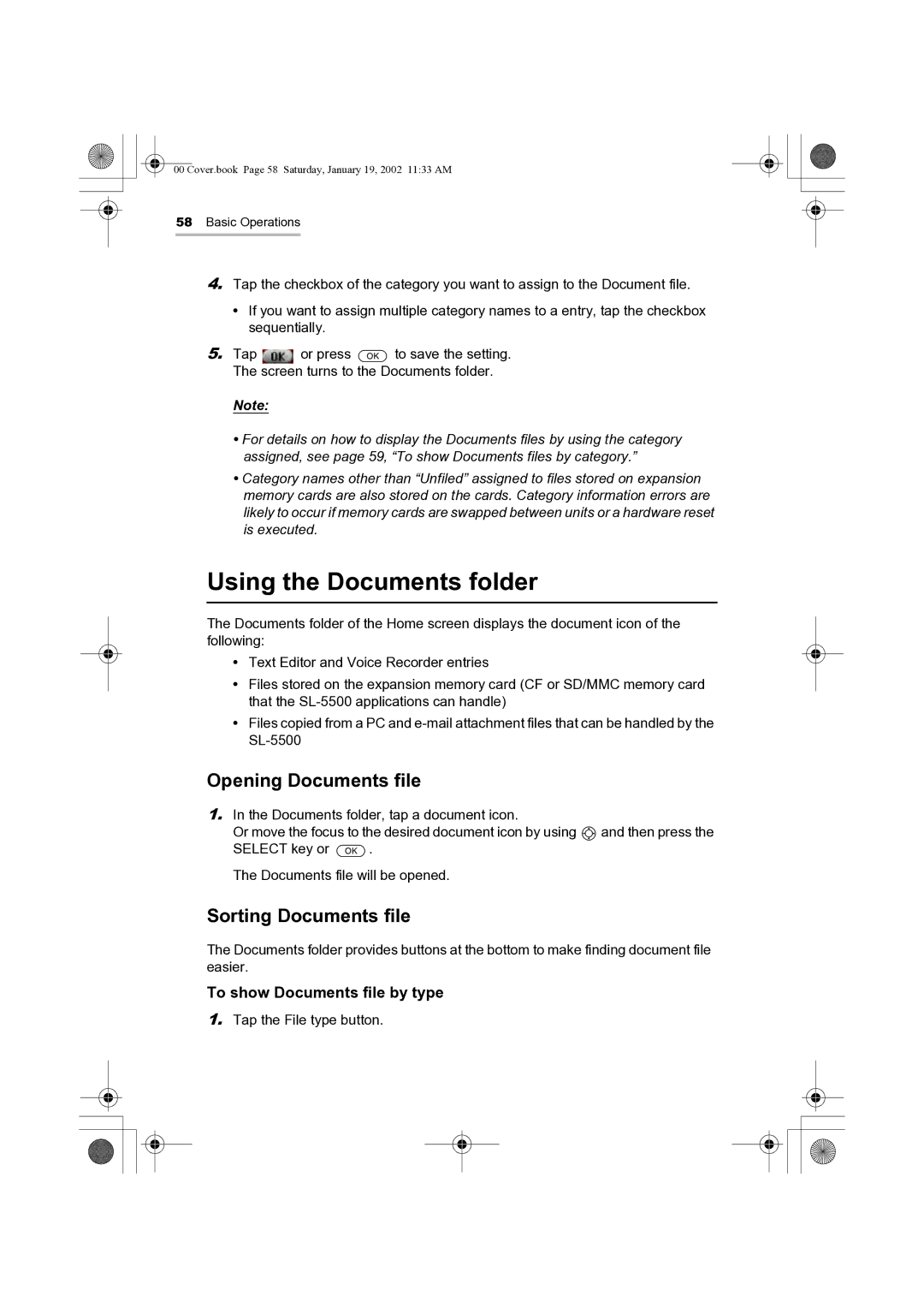Sharp SL-5500 Using the Documents folder, Opening Documents file, Sorting Documents file, To show Documents file by type 