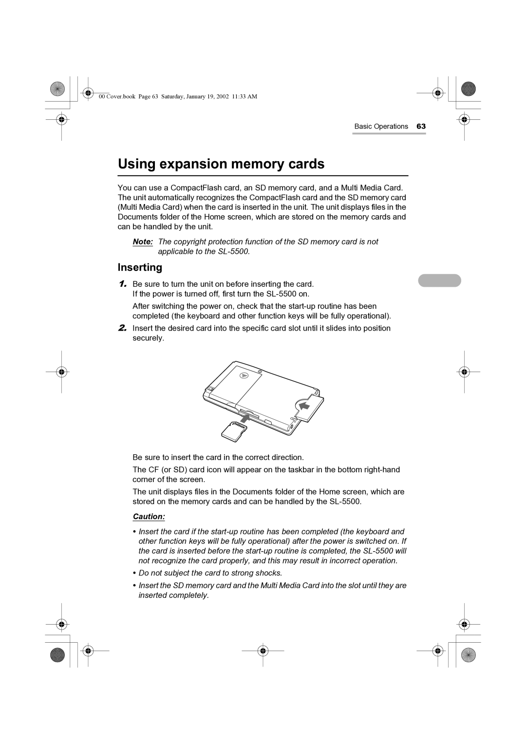 Sharp SL-5500 manual Using expansion memory cards, Inserting 