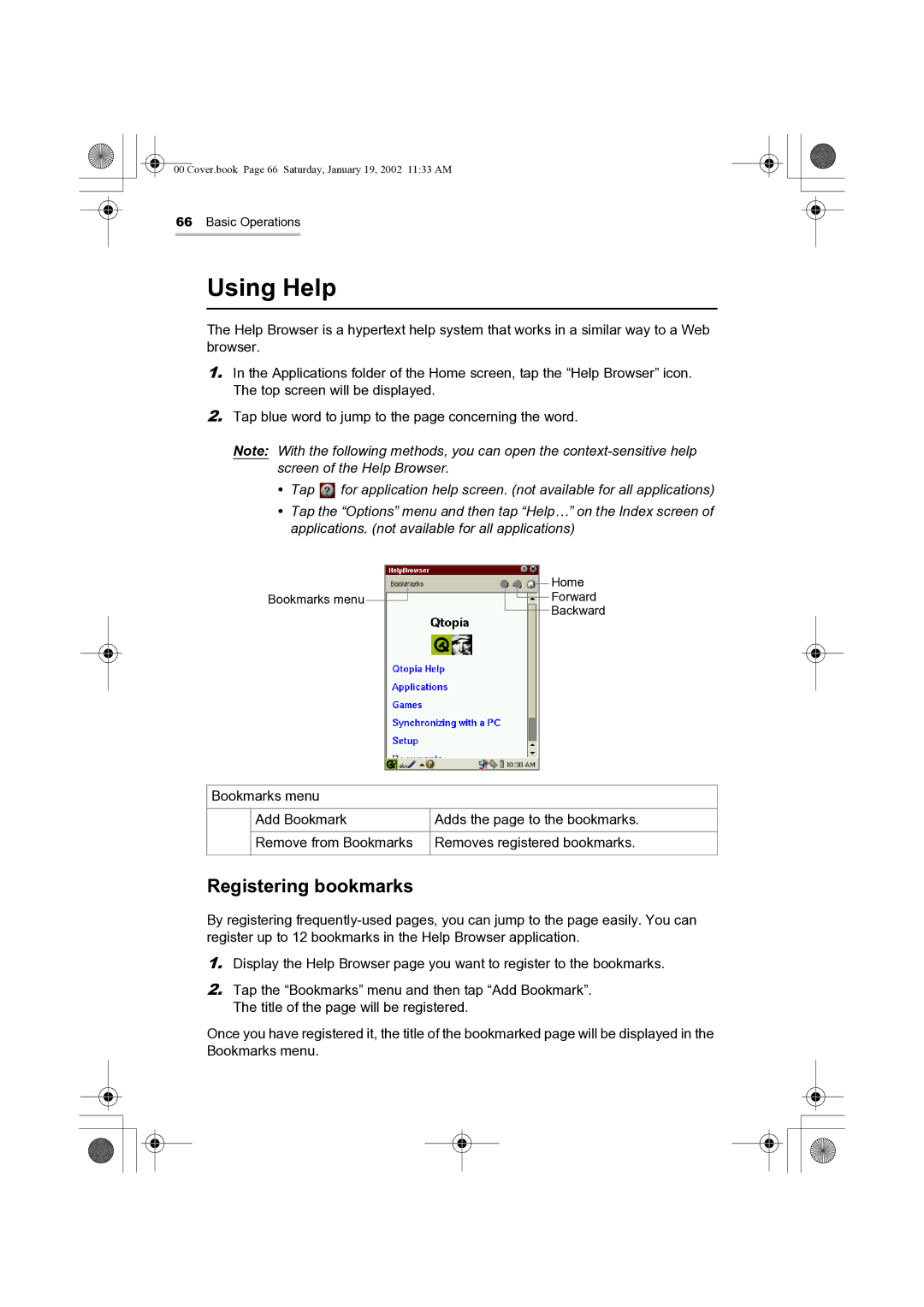 Sharp SL-5500 manual Using Help, Registering bookmarks 