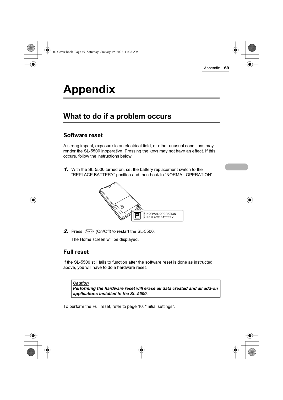 Sharp SL-5500 manual Appendix, What to do if a problem occurs, Software reset, Full reset 