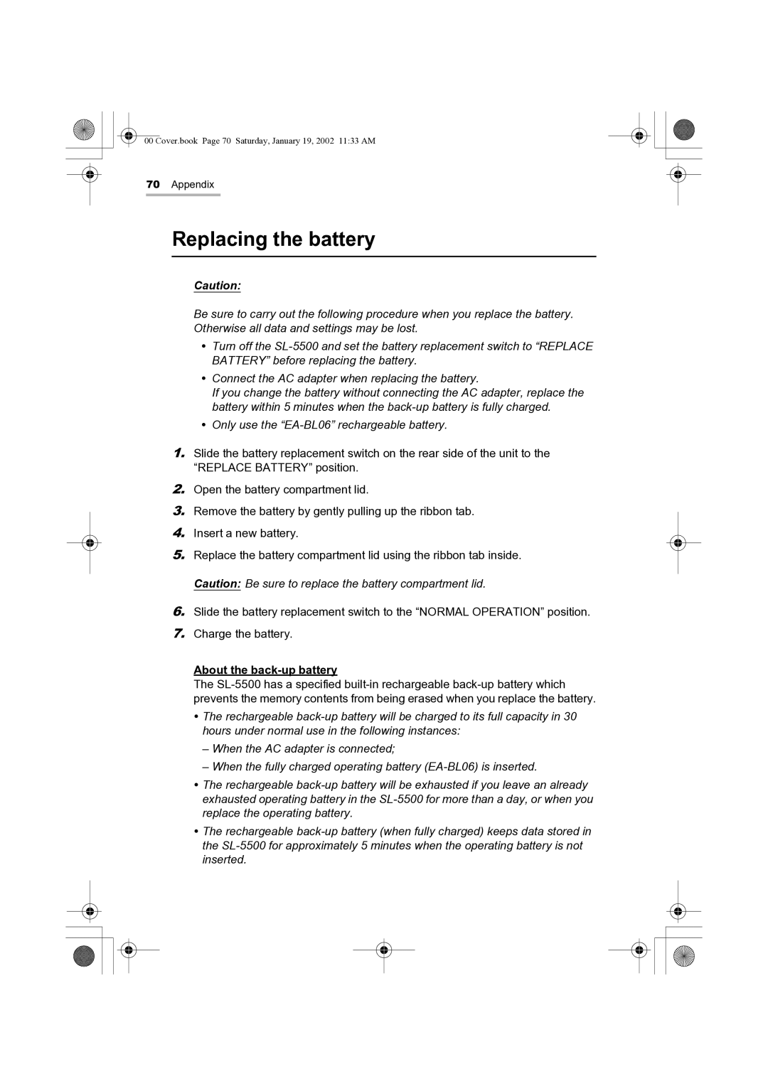 Sharp SL-5500 manual Replacing the battery, About the back-up battery 