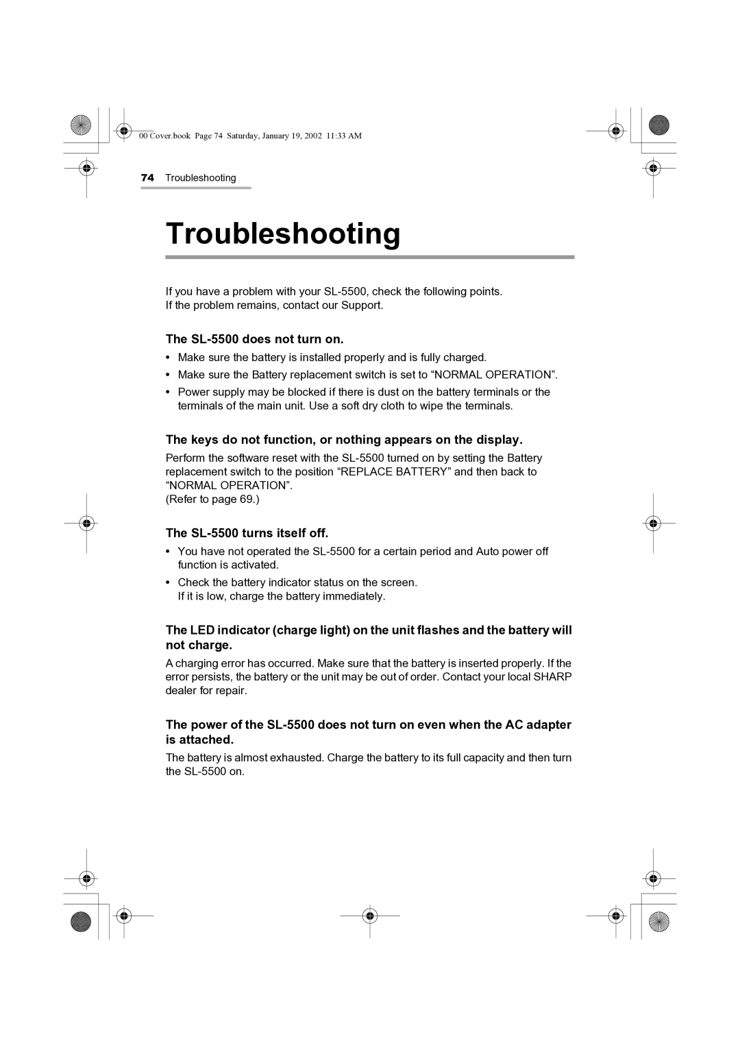 Sharp manual Troubleshooting, SL-5500 does not turn on, Keys do not function, or nothing appears on the display 