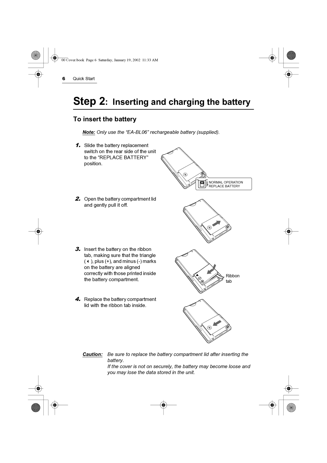 Sharp SL-5500 manual Inserting and charging the battery, To insert the battery 