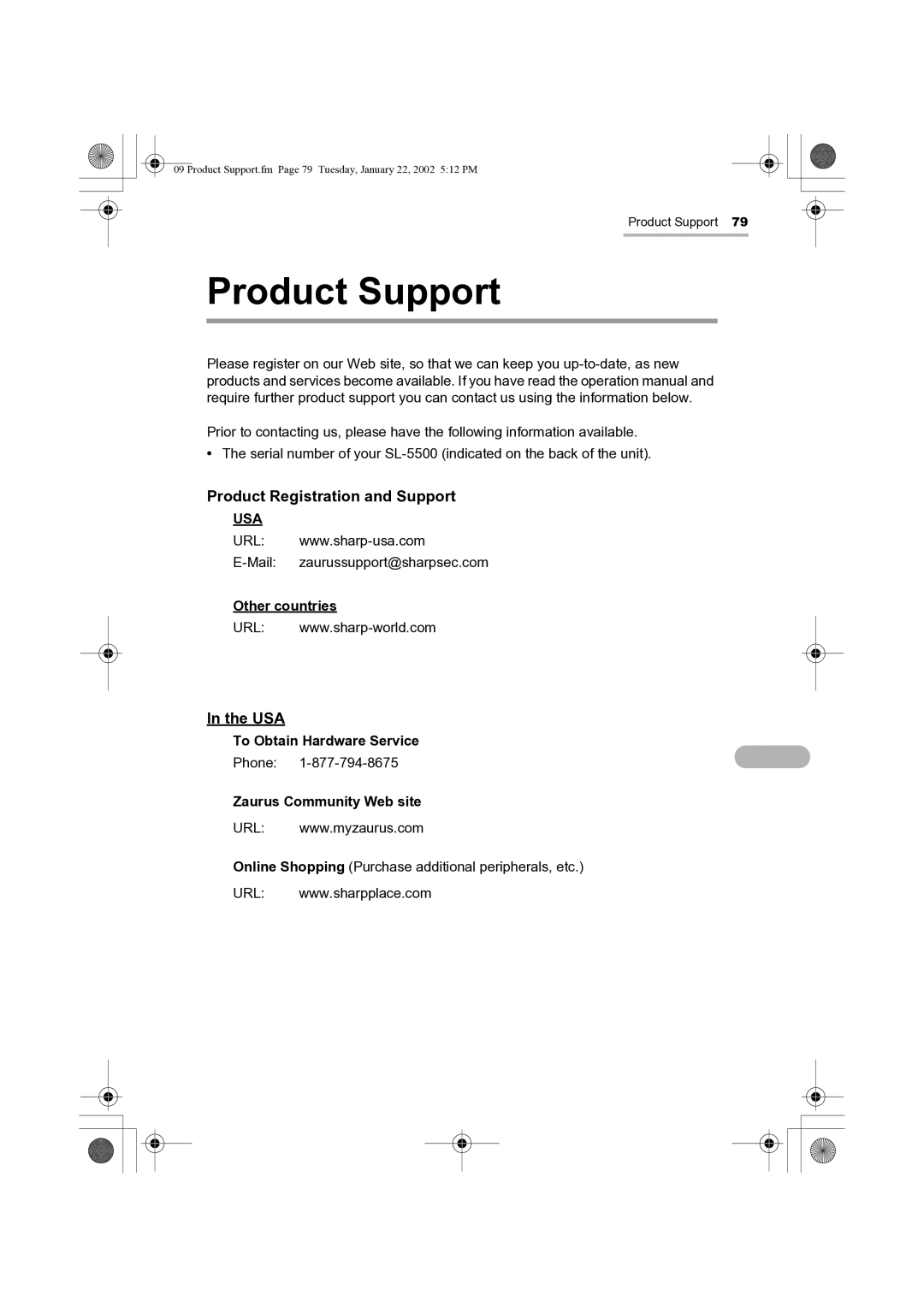 Sharp SL-5500 manual Product Support, Product Registration and Support, Usa 