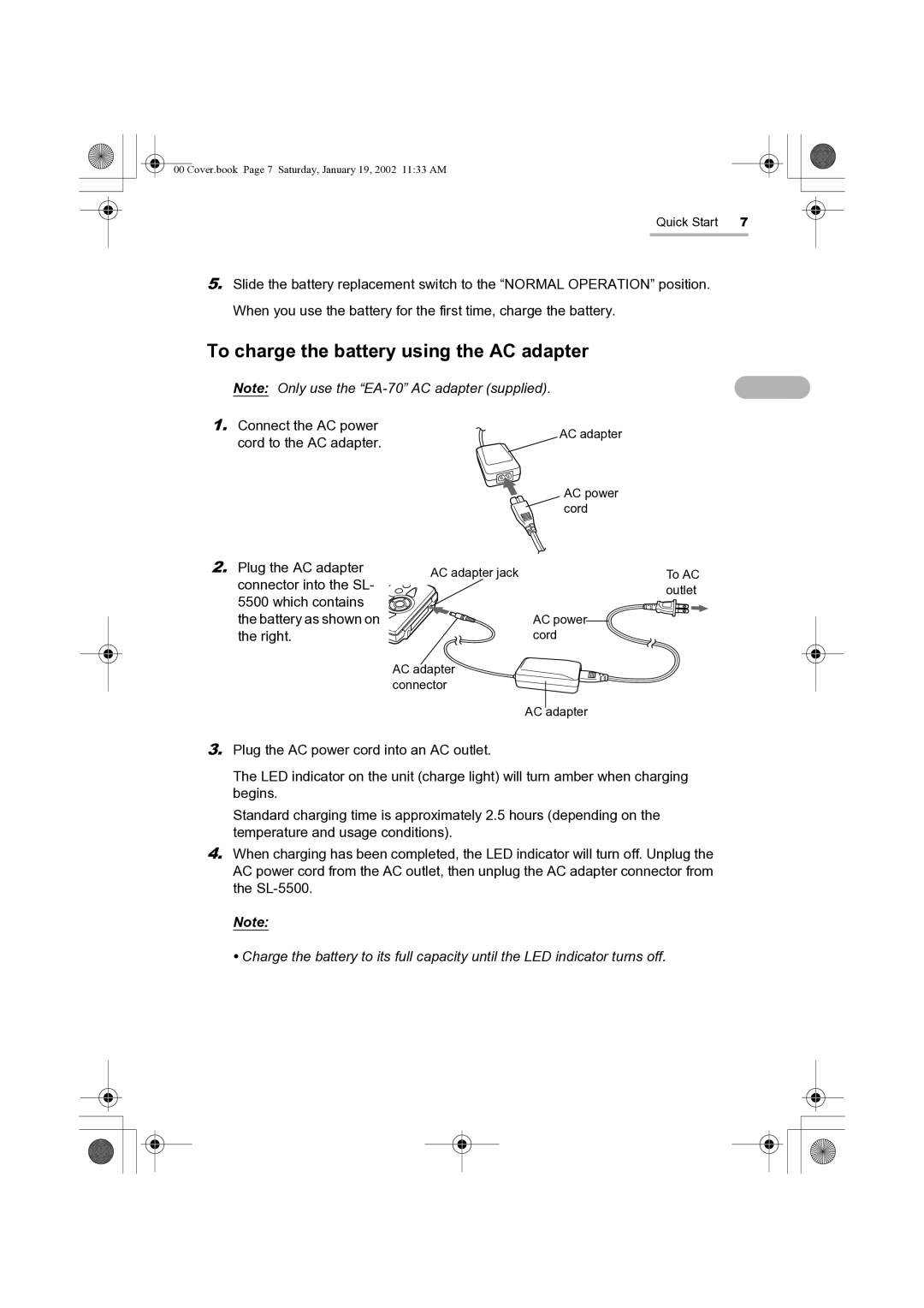 Sharp SL-5500 manual To charge the battery using the AC adapter 