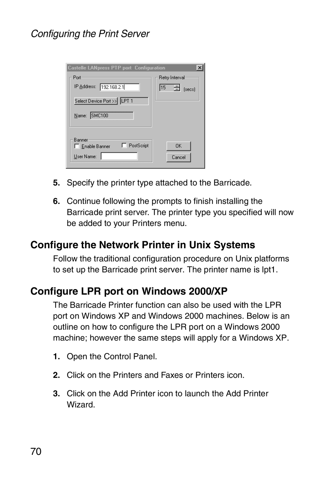 Sharp SMC7004ABR, S M C 7 0 0 4 A B R Configure the Network Printer in Unix Systems, Configure LPR port on Windows 2000/XP 