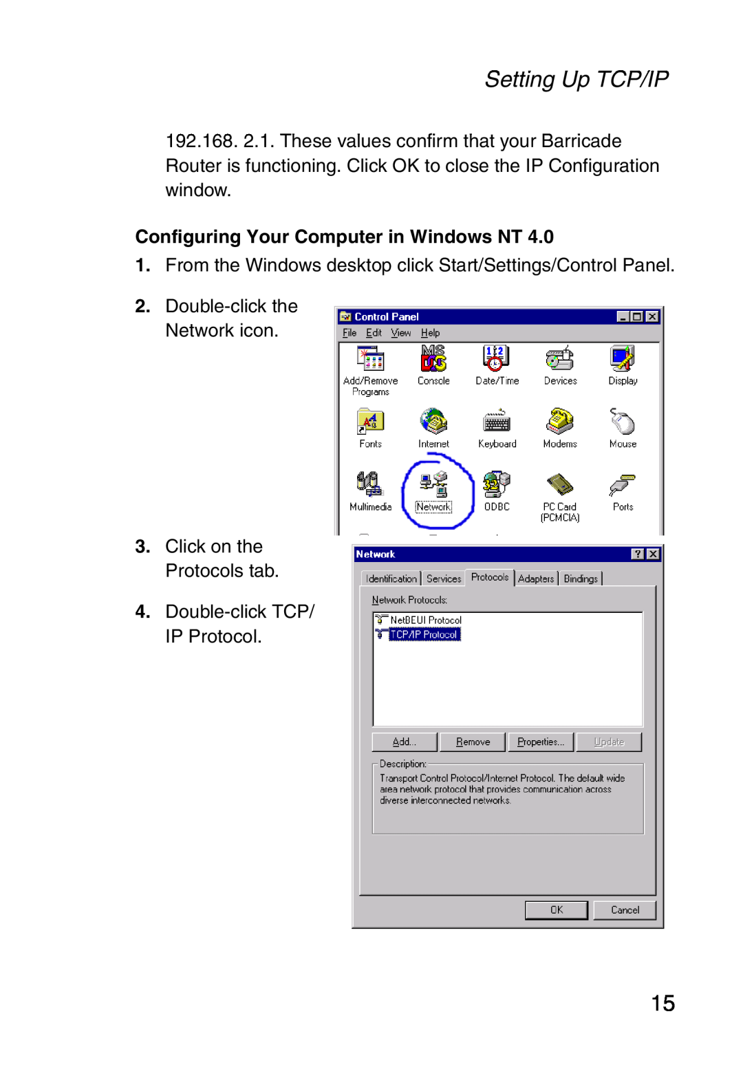 Sharp S M C 7 0 0 4 A B R manual Configuring Your Computer in Windows NT, Setting Up TCP/IP, Double-click TCP/ IP Protocol 