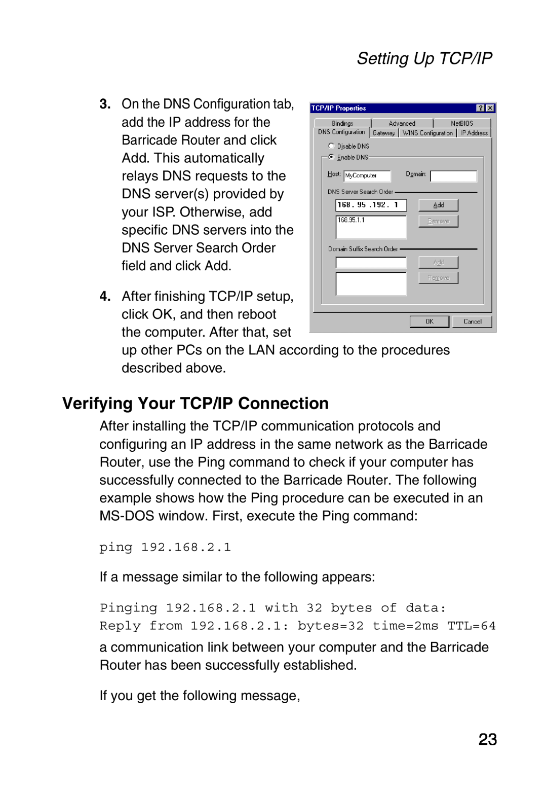 Sharp S M C 7 0 0 4 A B R, SMC7004ABR manual Verifying Your TCP/IP Connection, Setting Up TCP/IP 