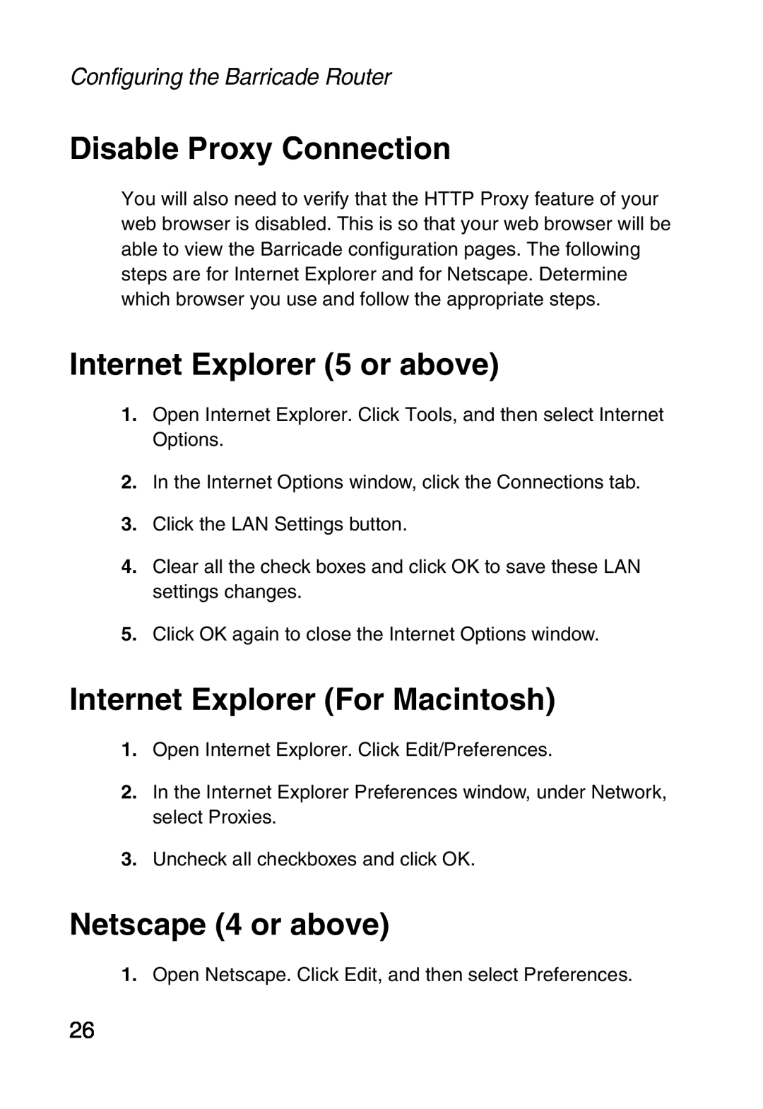 Sharp SMC7004ABR manual Disable Proxy Connection, Internet Explorer 5 or above, Internet Explorer For Macintosh 