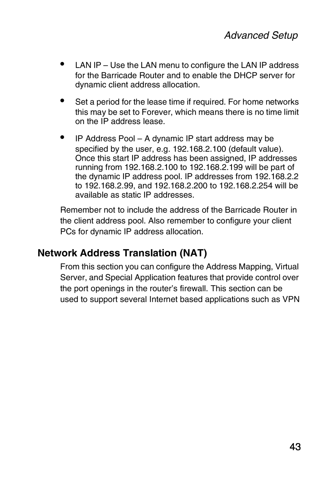 Sharp S M C 7 0 0 4 A B R, SMC7004ABR manual Network Address Translation NAT, Advanced Setup 