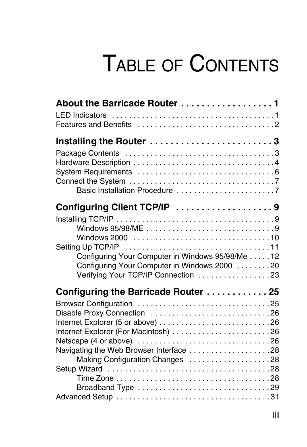 Sharp S M C 7 0 0 4 A B R Table Of Contents, About the Barricade Router, Installing the Router, Configuring Client TCP/IP 