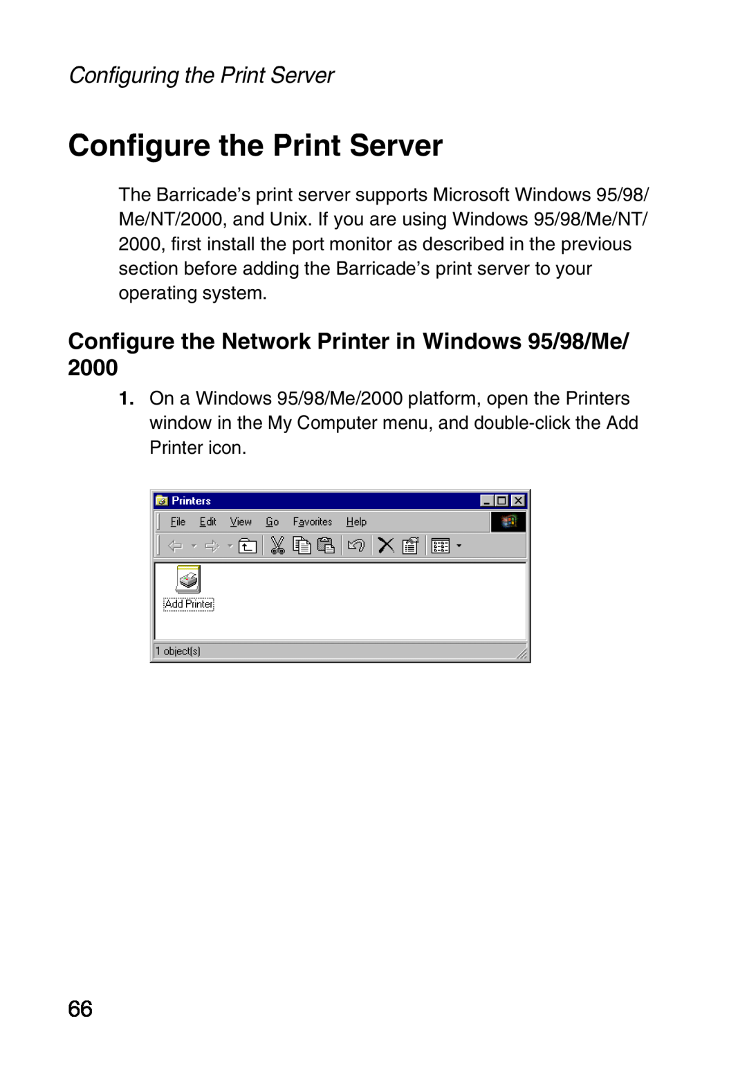 Sharp SMC7004ABR, S M C 7 0 0 4 A B R manual Configure the Print Server, Configure the Network Printer in Windows 95/98/Me 