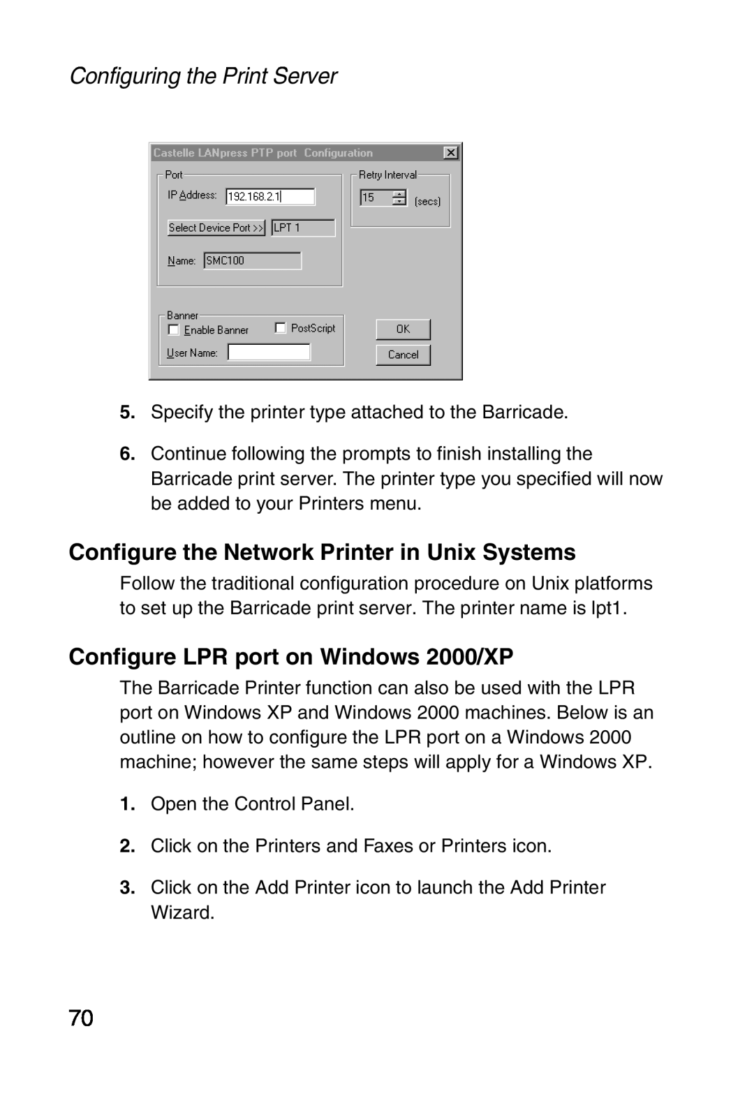 Sharp SMC7004ABR, S M C 7 0 0 4 A B R Configure the Network Printer in Unix Systems, Configure LPR port on Windows 2000/XP 