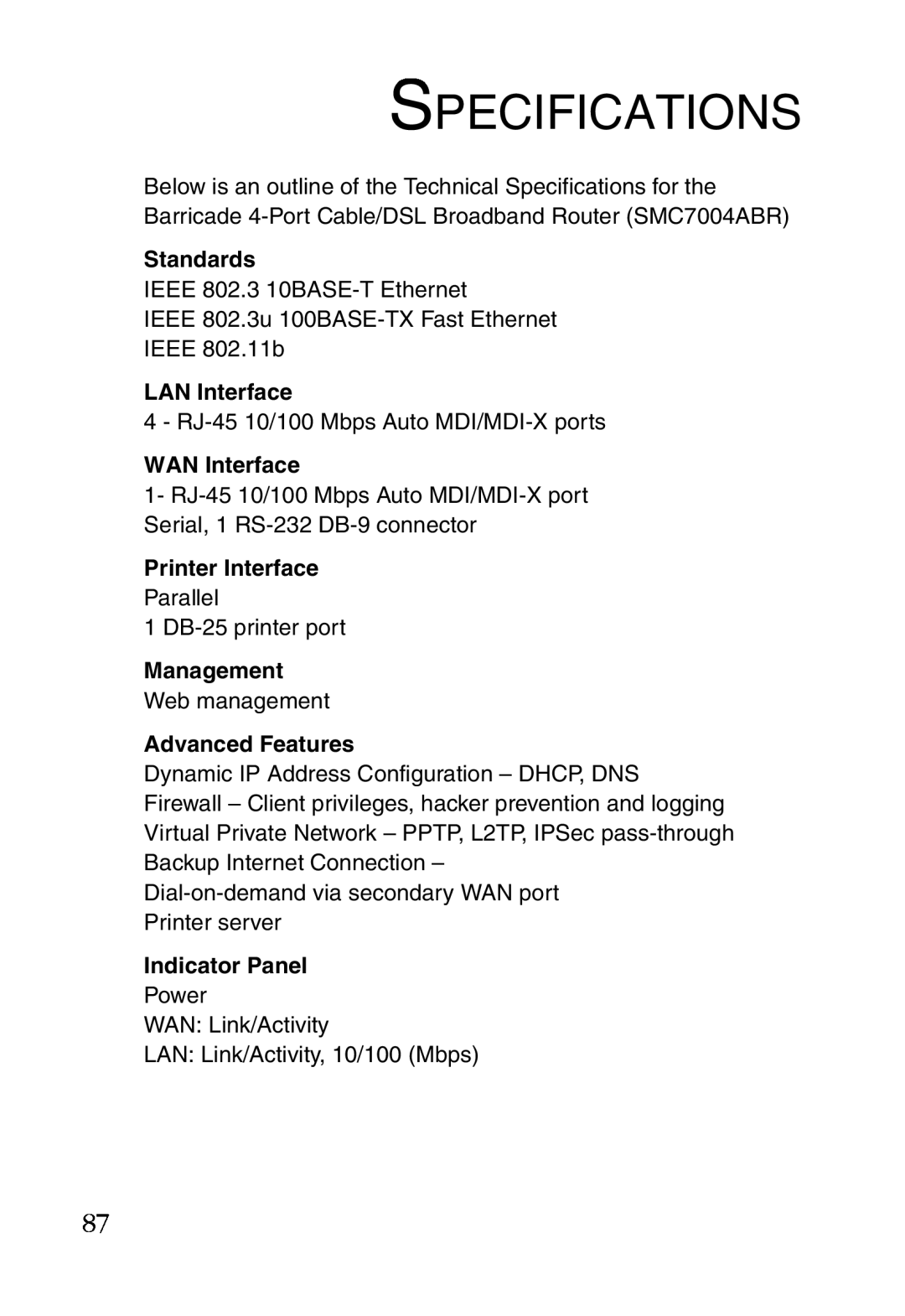 Sharp S M C 7 0 0 4 A B R manual Specifications, Standards, LAN Interface, WAN Interface, Printer Interface, Management 