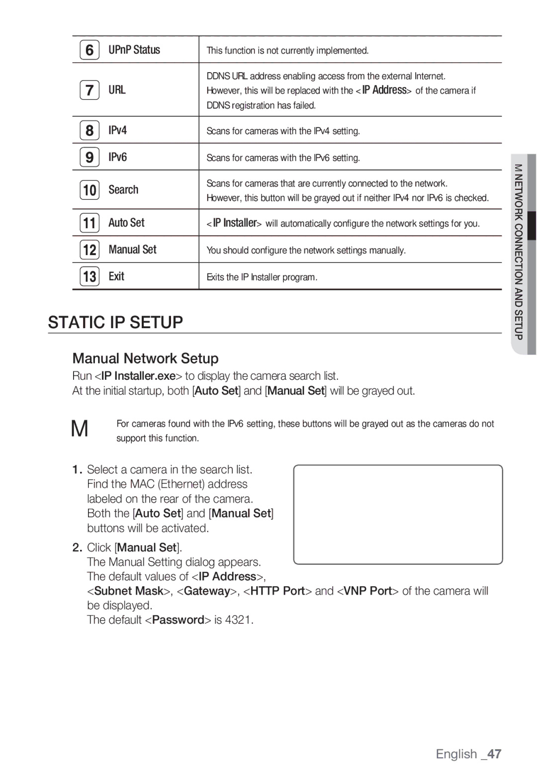 Sharp SND-5080 user manual Static IP Setup, Manual Network Setup, Url 