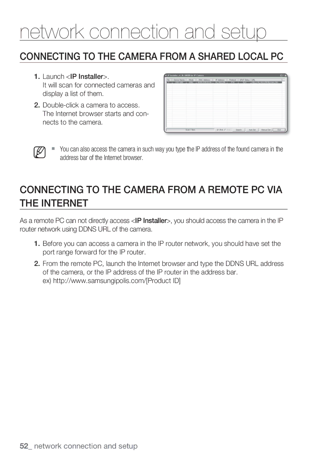 Sharp SND-5080 Connecting to the Camera from a Shared Local PC, Connecting to the Camera from a Remote PC VIA the Internet 