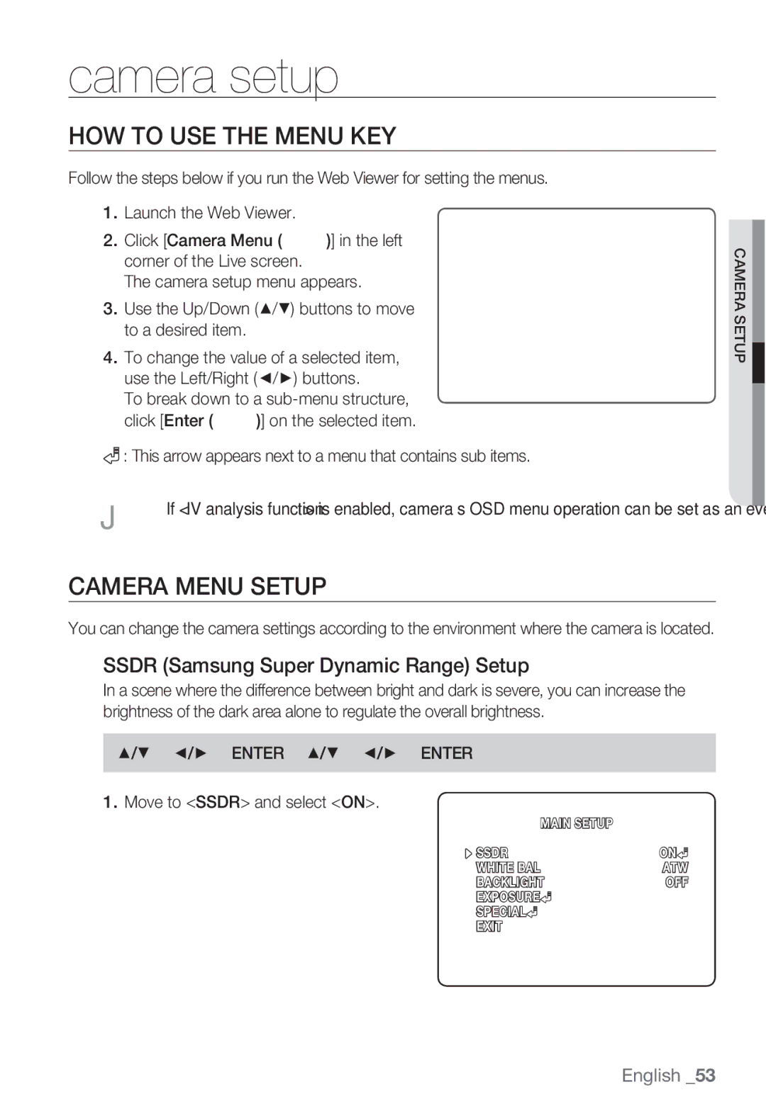 Sharp SND-5080 user manual HOW to USE the Menu KEY, Camera Menu Setup, Ssdr Samsung Super Dynamic Range Setup 