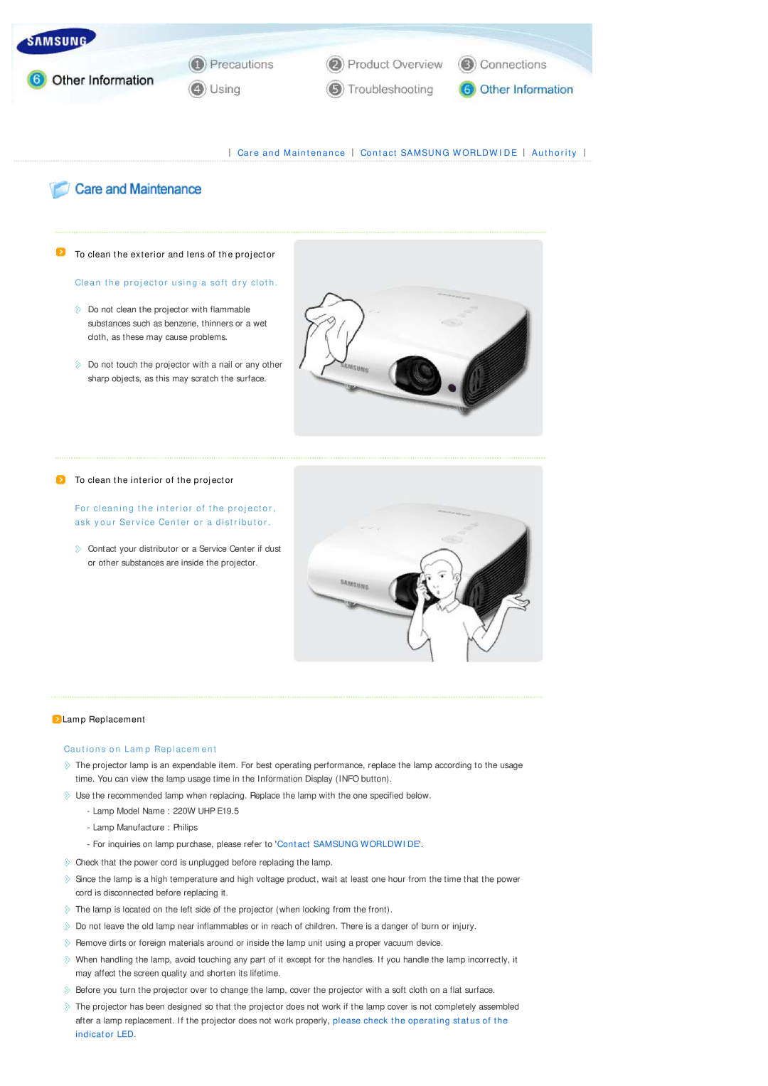 Sharp SP-L300 manual Clean the projector using a soft dry cloth 