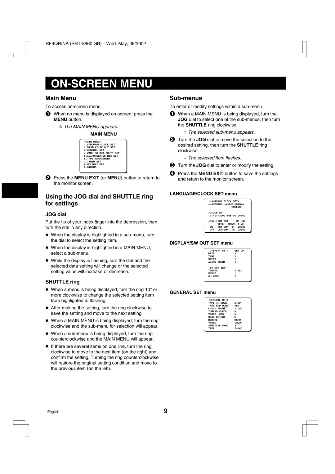 Sharp SRT-8168, SRT-8960, SRT-8040 ON-SCREEN Menu, Main Menu, Using the JOG dial and Shuttle ring for settings, Sub-menus 