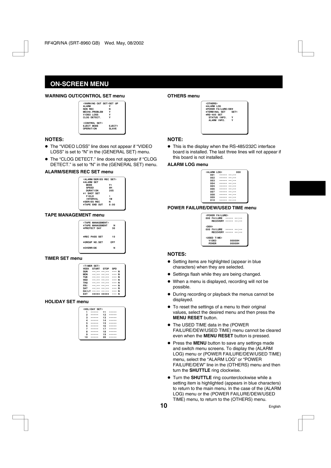 Sharp SRT-8040, SRT-8960, SRT-8168 instruction manual ON-SCREEN Menu 