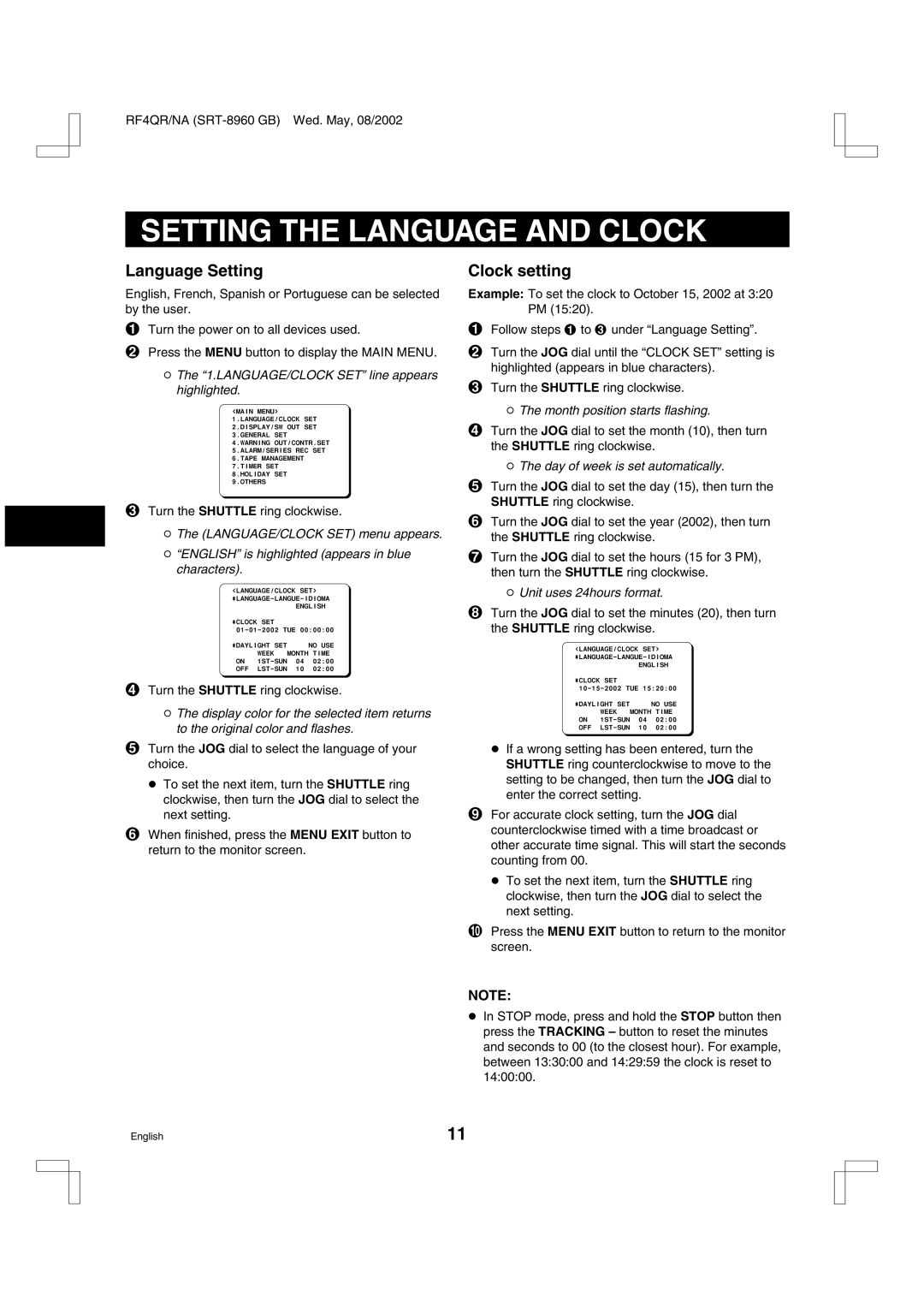 Sharp SRT-8960, SRT-8168, SRT-8040 instruction manual Setting the Language and Clock, Language Setting, Clock setting 