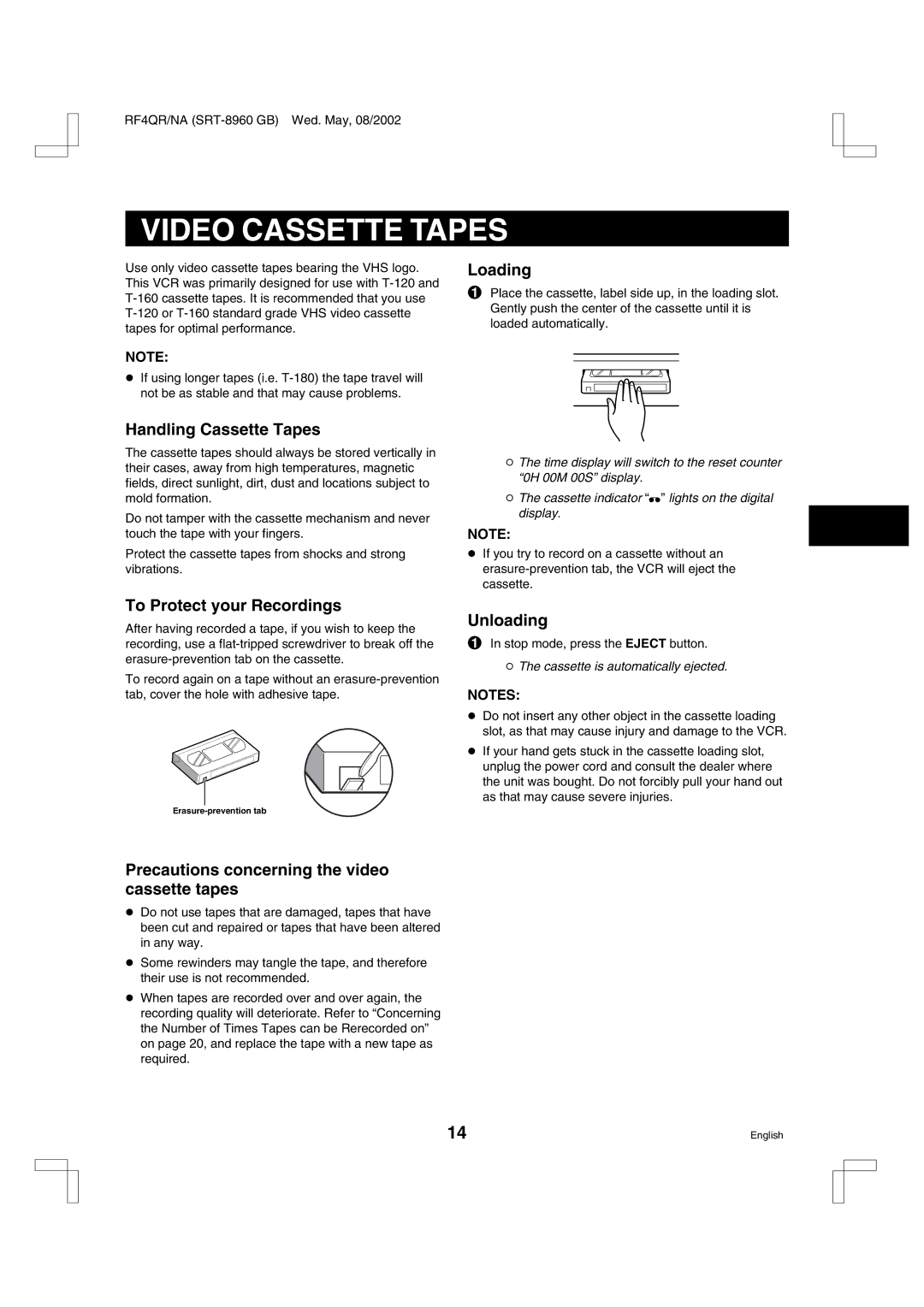 Sharp SRT-8960, SRT-8168, SRT-8040 instruction manual Video Cassette Tapes 