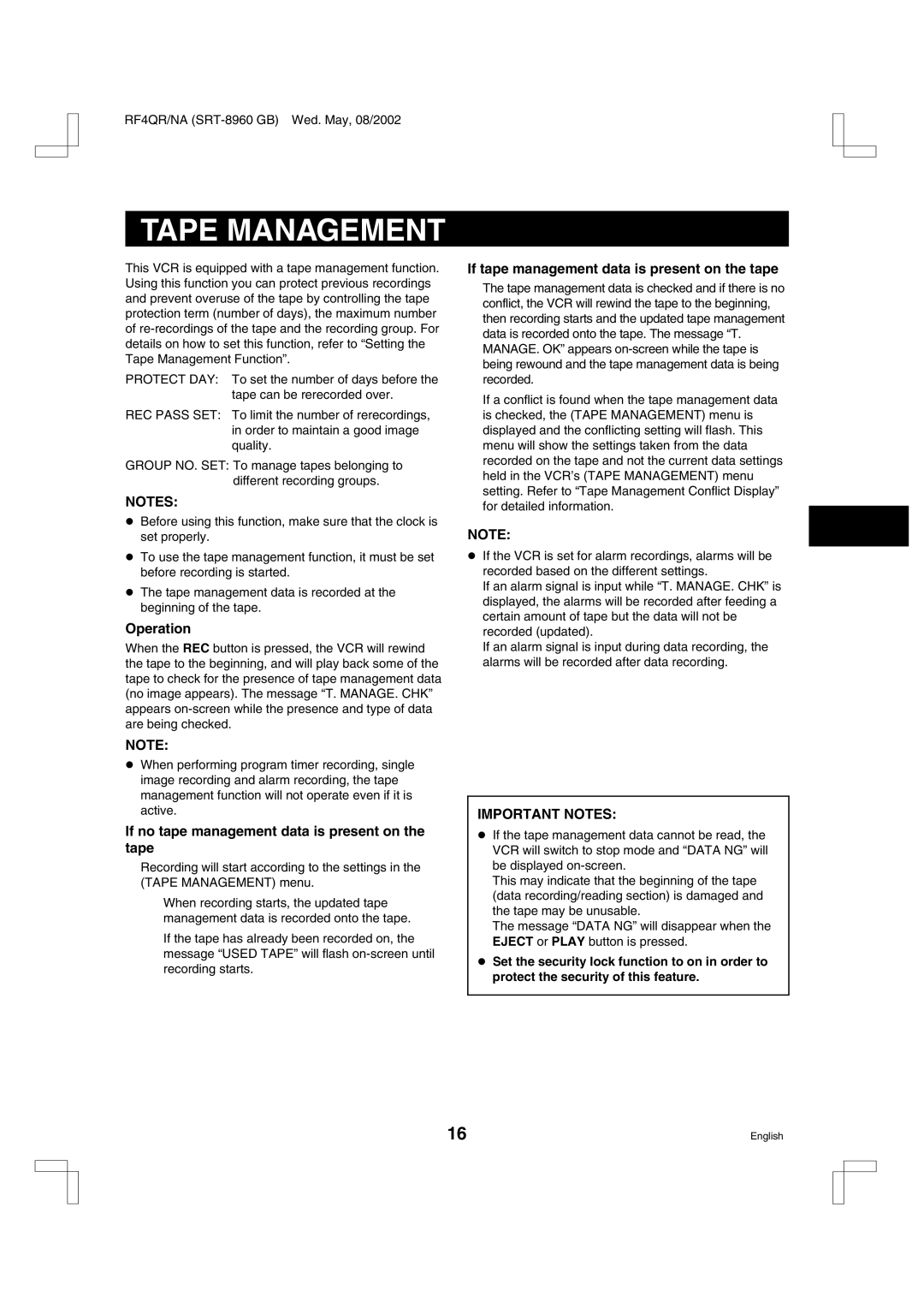 Sharp SRT-8040, SRT-8960, SRT-8168 Tape Management, Operation, If no tape management data is present on the tape 