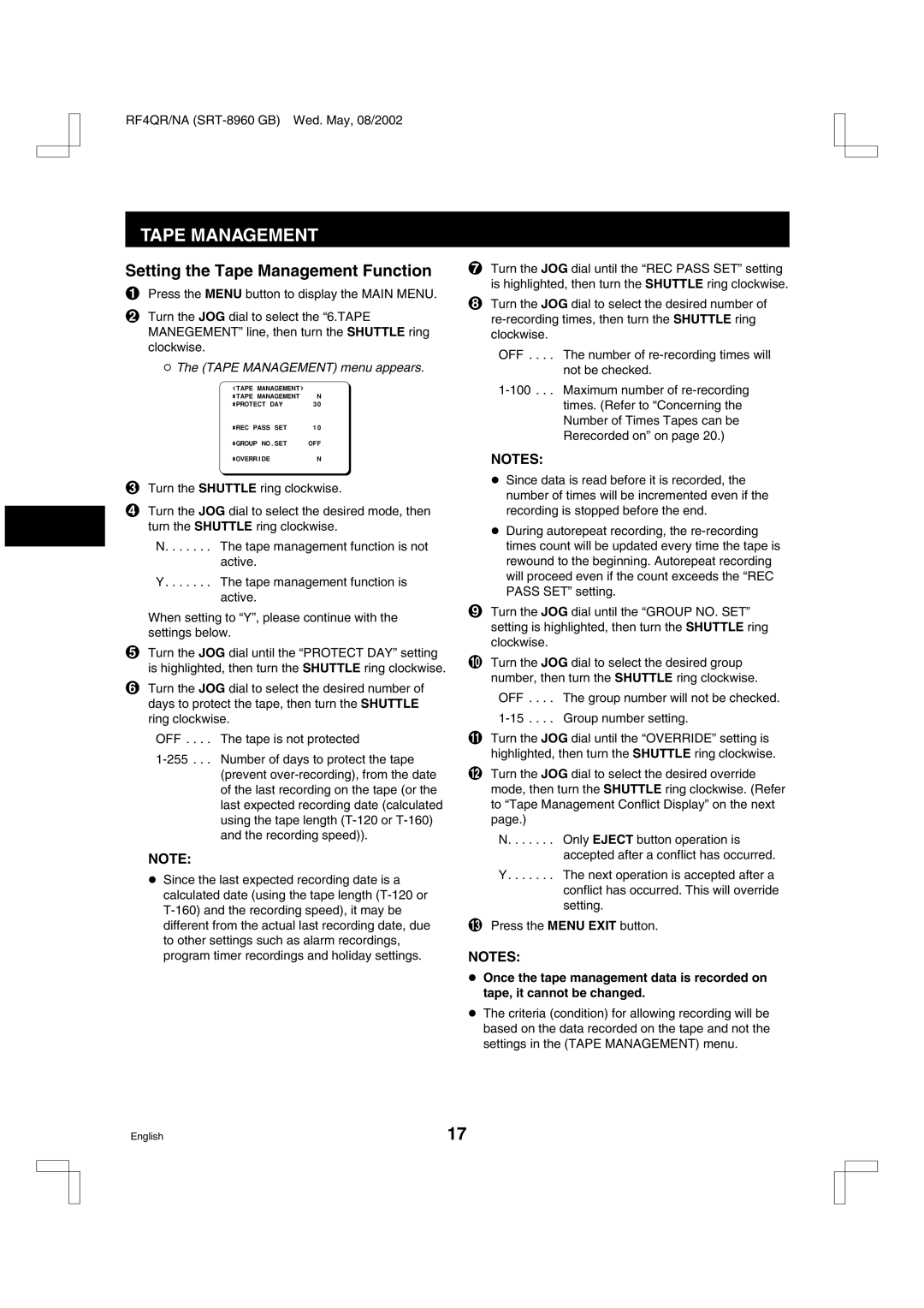 Sharp SRT-8960, SRT-8168, SRT-8040 instruction manual Setting the Tape Management Function, Tape Management menu appears 