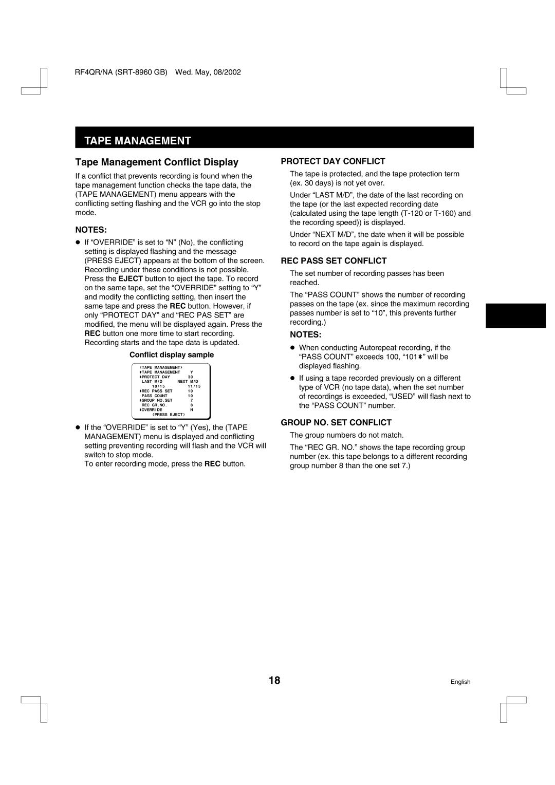 Sharp SRT-8168, SRT-8960, SRT-8040 instruction manual Tape Management Conflict Display, Conflict display sample 