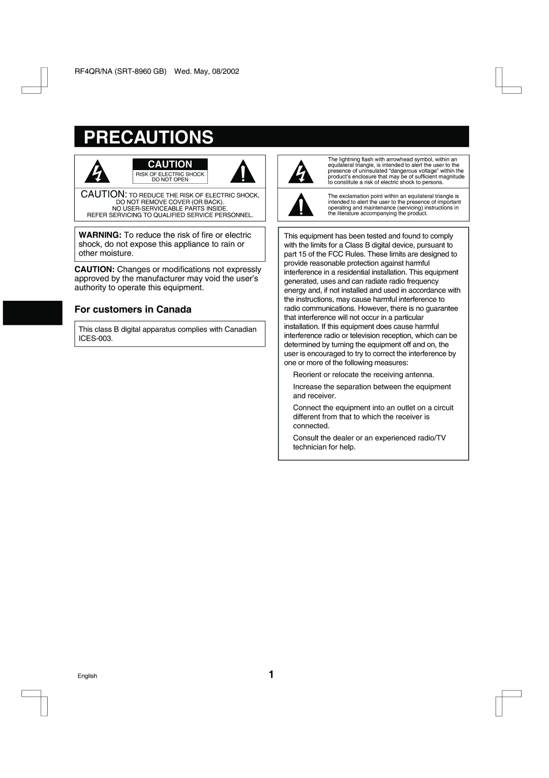 Sharp SRT-8040, SRT-8960, SRT-8168 instruction manual Precautions, For customers in Canada 