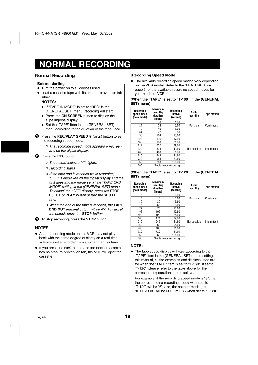 Sharp SRT-8040, SRT-8960, SRT-8168 instruction manual Normal Recording, Before starting, Recording Speed Mode 