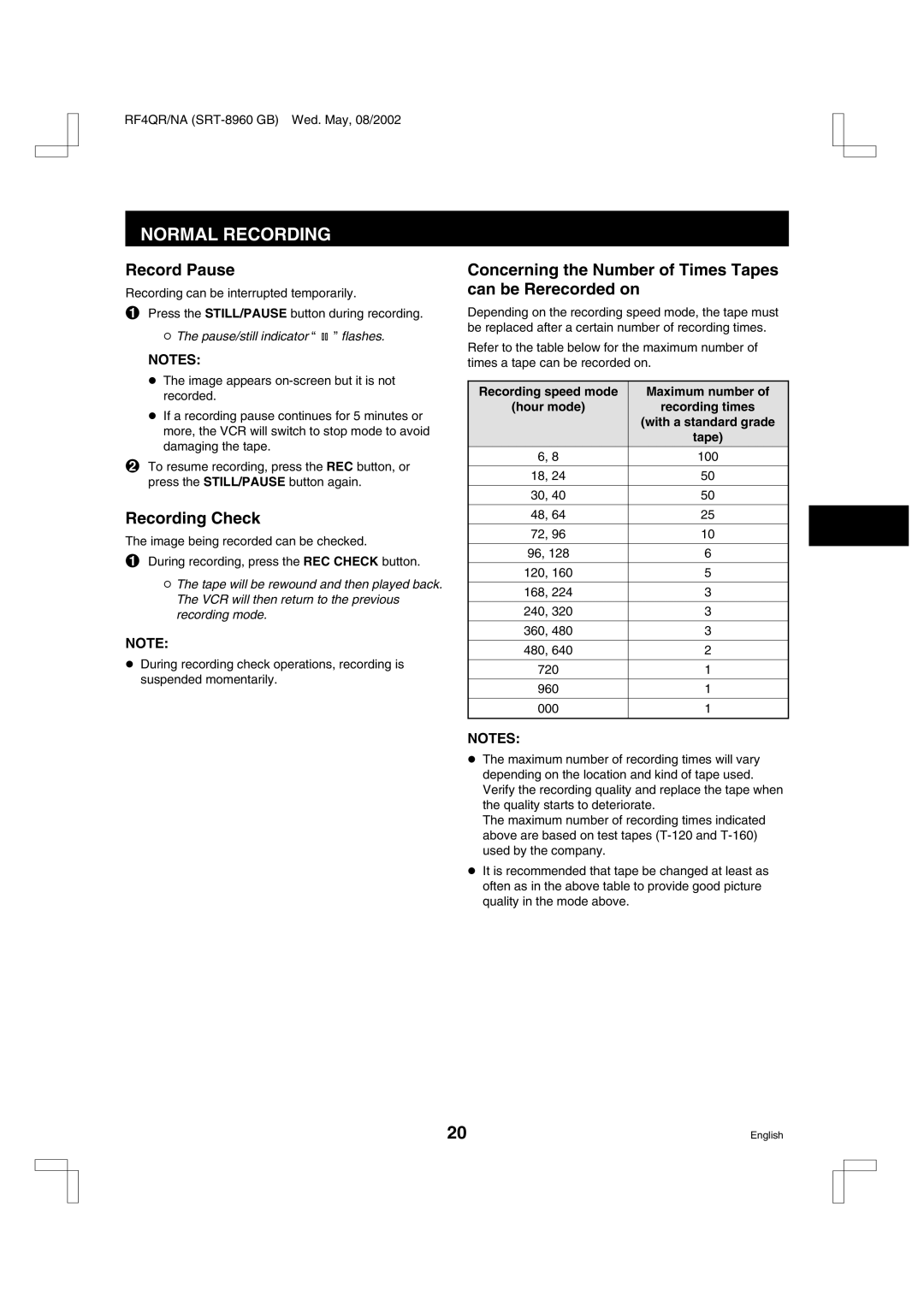 Sharp SRT-8960 Normal Recording, Record Pause, Recording Check, Concerning the Number of Times Tapes can be Rerecorded on 