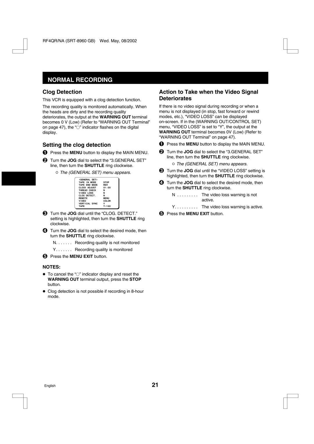 Sharp SRT-8168, SRT-8960 Clog Detection, Setting the clog detection, Action to Take when the Video Signal Deteriorates 