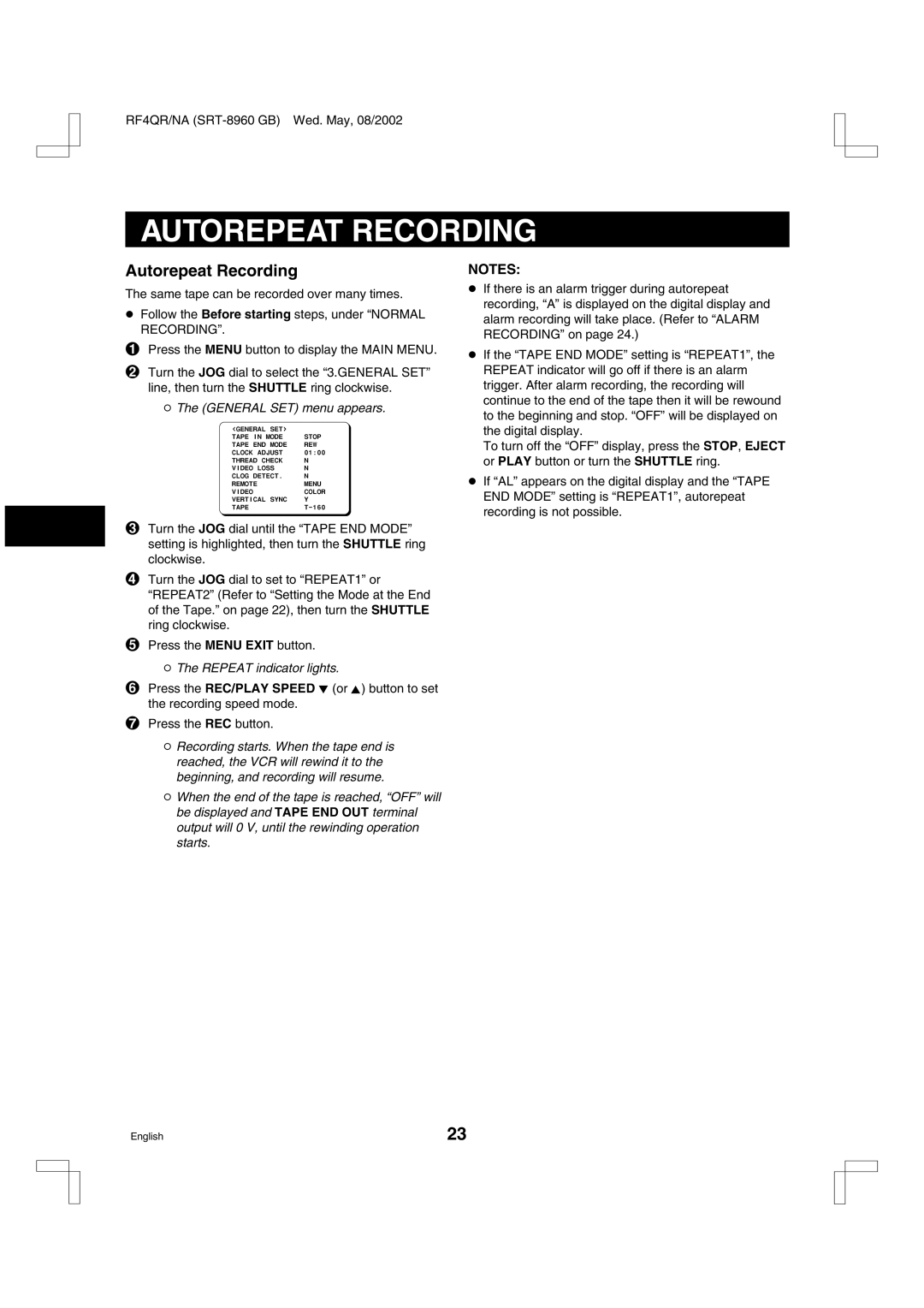 Sharp SRT-8960, SRT-8168, SRT-8040 instruction manual Autorepeat Recording, Repeat indicator lights 