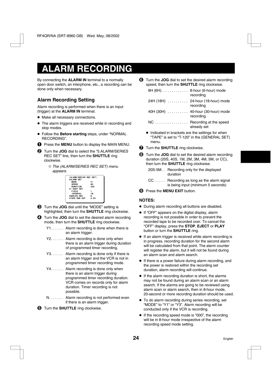 Sharp SRT-8168, SRT-8960, SRT-8040 instruction manual Alarm Recording Setting, ALARM/SERIES REC SET menu appears 