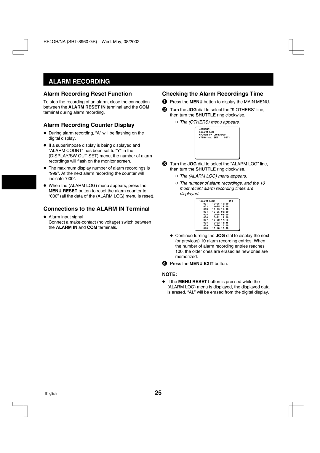 Sharp SRT-8040 Alarm Recording Reset Function, Alarm Recording Counter Display, Connections to the Alarm in Terminal 