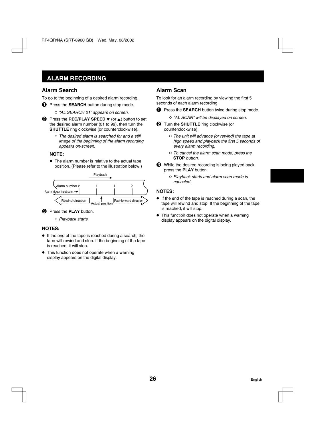 Sharp SRT-8960, SRT-8168, SRT-8040 instruction manual Alarm Search, Alarm Scan 