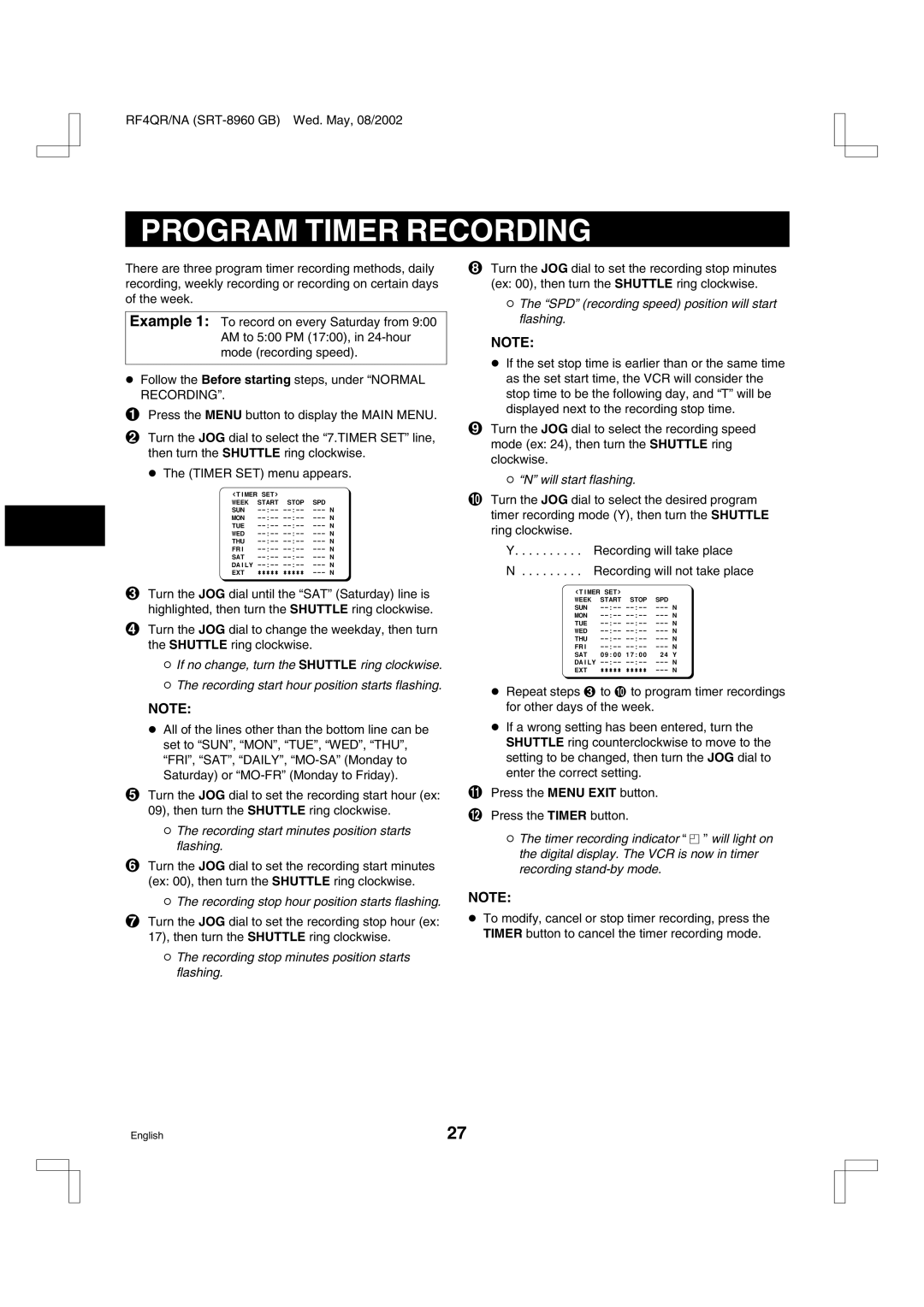 Sharp SRT-8168, SRT-8960, SRT-8040 instruction manual Program Timer Recording 