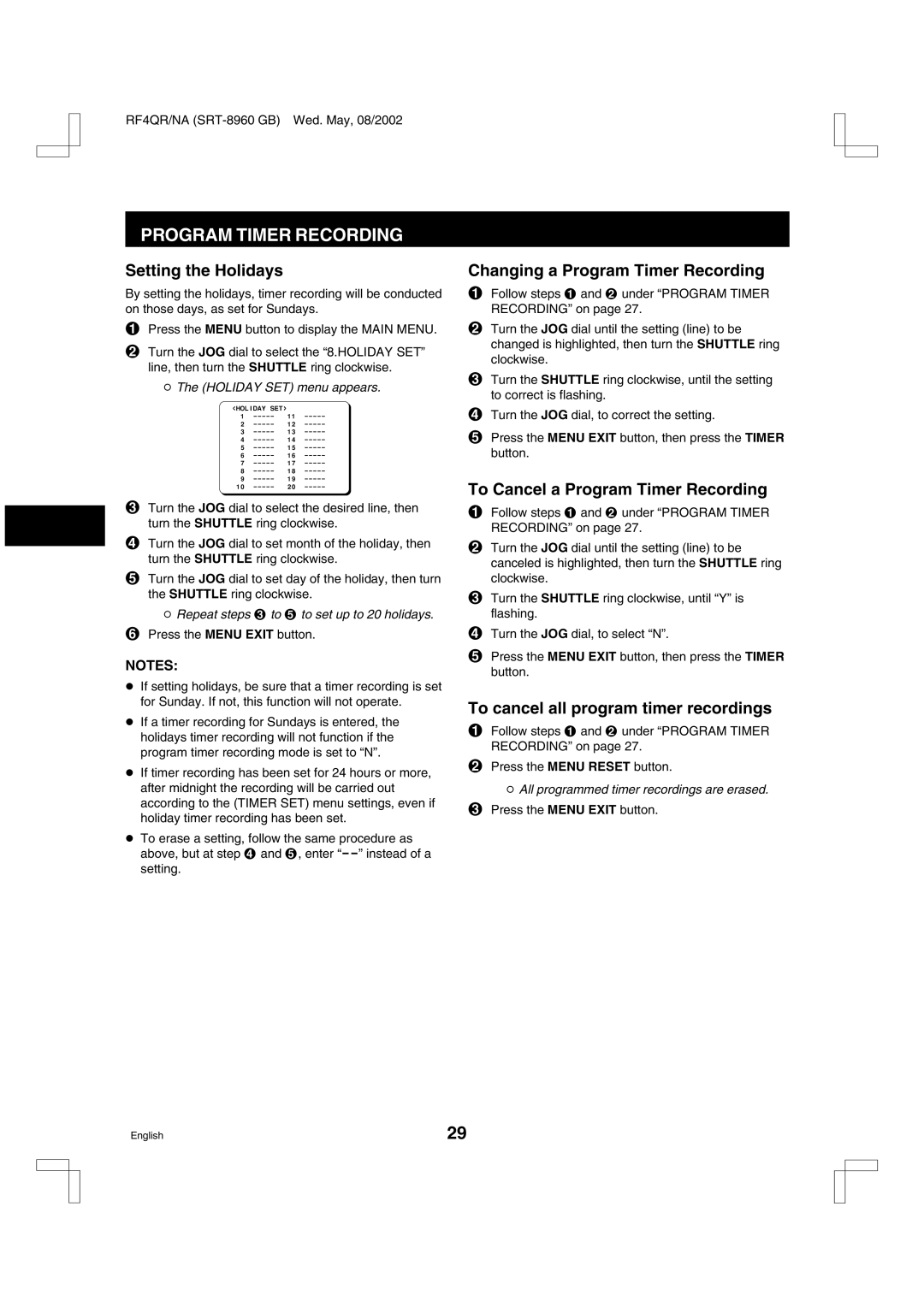 Sharp SRT-8960, SRT-8168 Setting the Holidays, Changing a Program Timer Recording, To Cancel a Program Timer Recording 