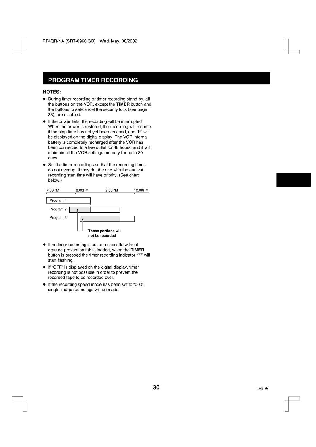 Sharp SRT-8168, SRT-8960, SRT-8040 instruction manual These portions will not be recorded 