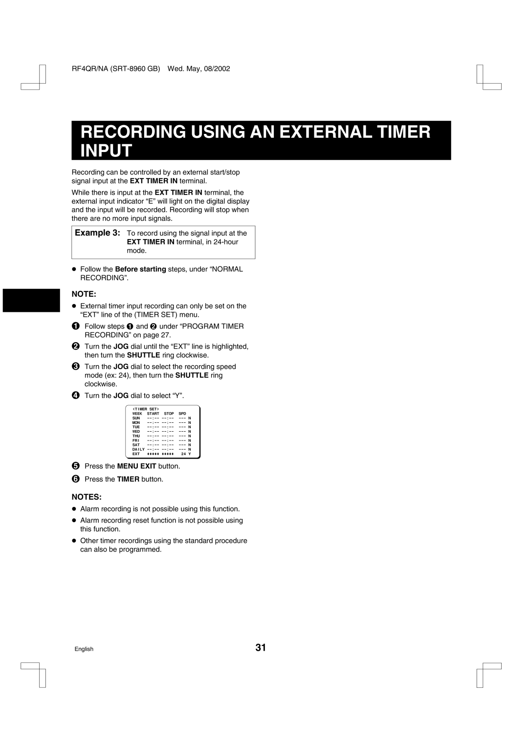 Sharp SRT-8040, SRT-8960, SRT-8168 instruction manual Recording Using AN External Timer Input 