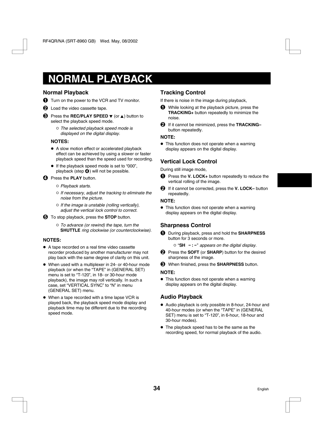 Sharp SRT-8040, SRT-8960, SRT-8168 instruction manual Normal Playback 