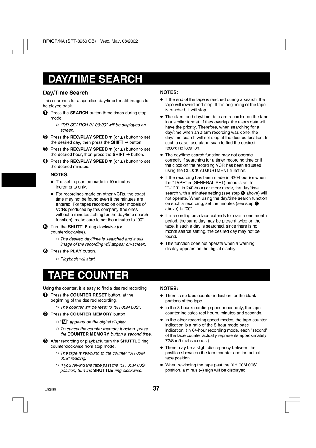 Sharp SRT-8040, SRT-8960, SRT-8168 instruction manual DAY/TIME Search, Tape Counter, Day/Time Search 