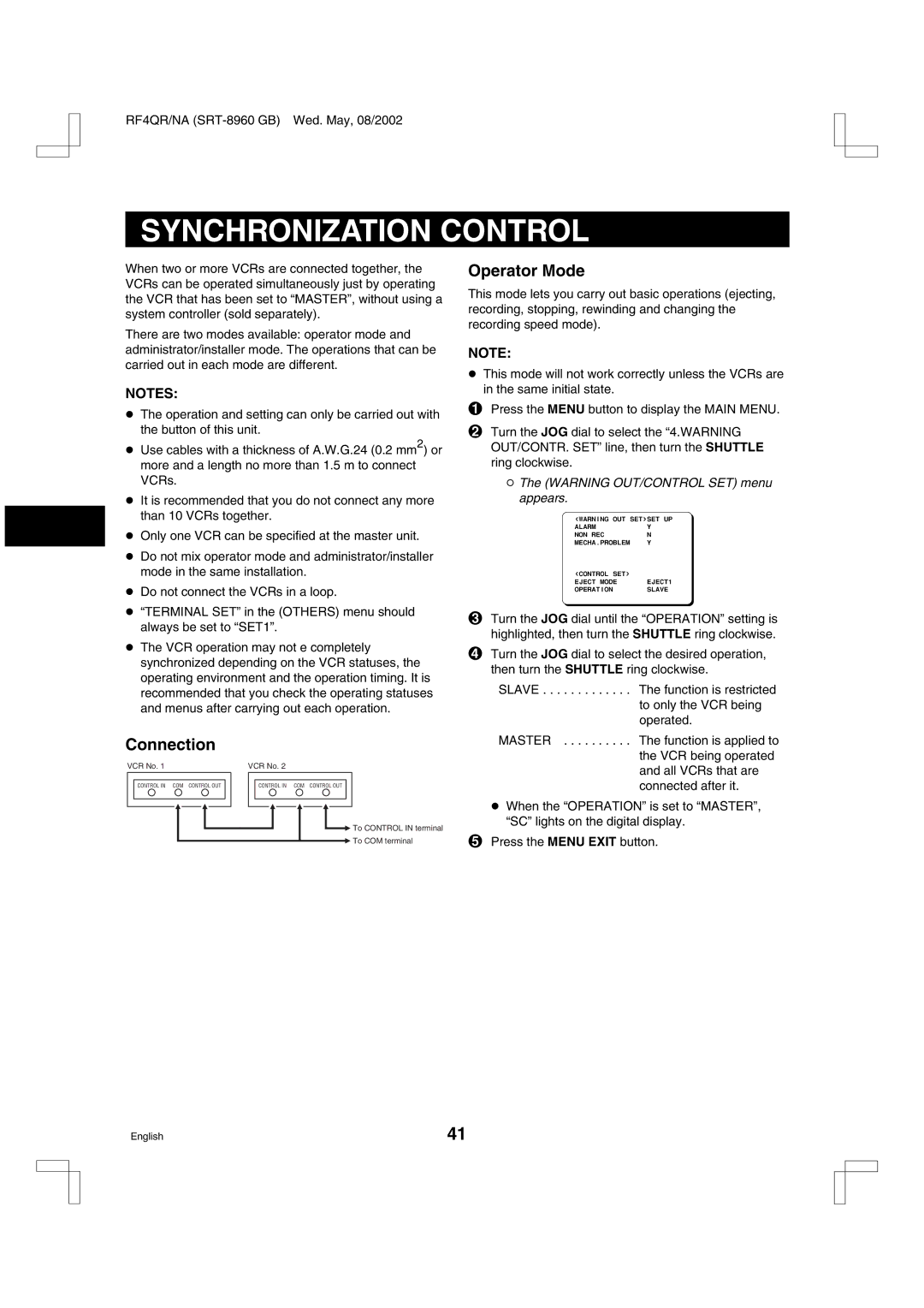 Sharp SRT-8960, SRT-8168, SRT-8040 instruction manual Synchronization Control, Operator Mode 