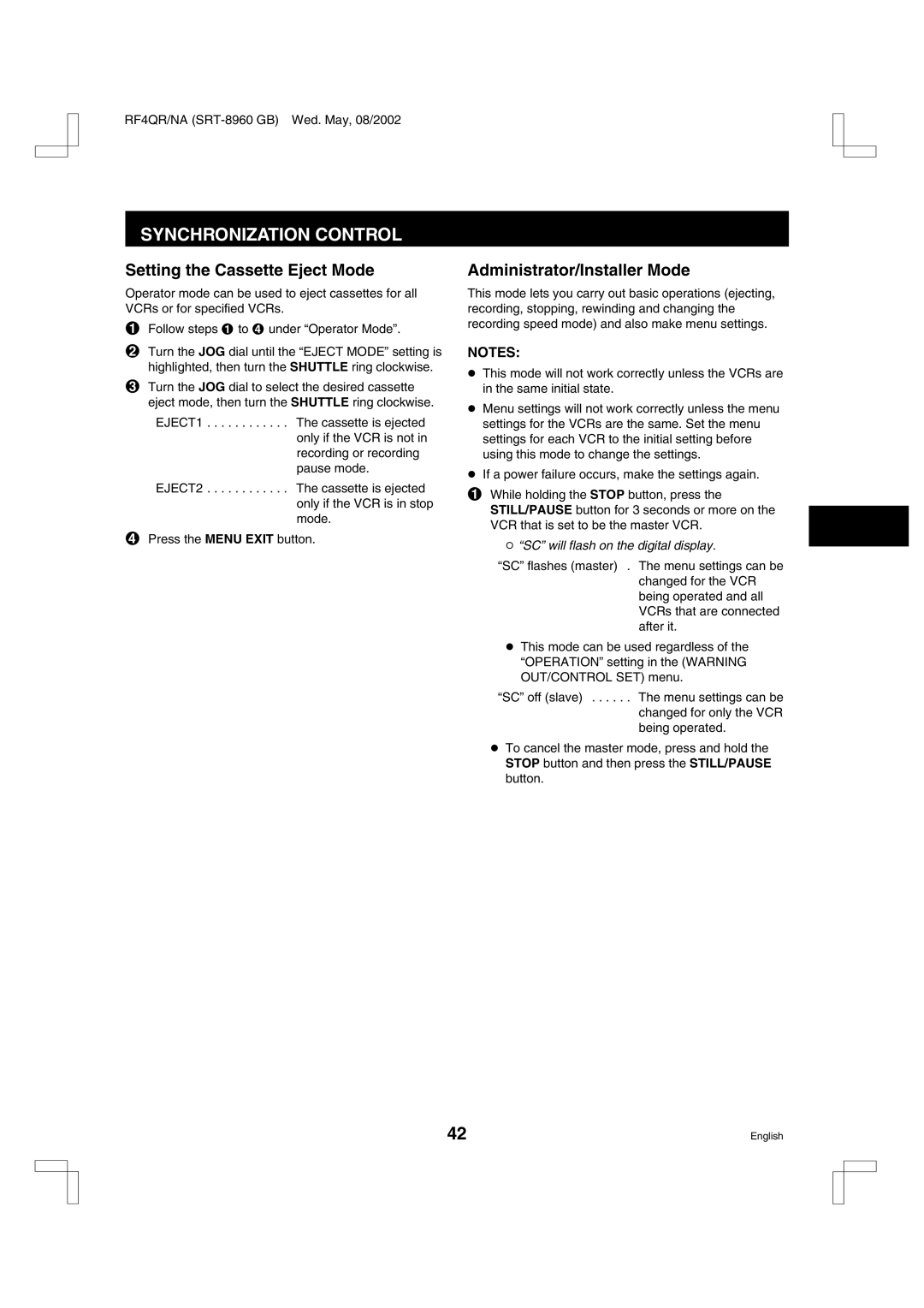 Sharp SRT-8168, SRT-8960, SRT-8040 Synchronization Control, Setting the Cassette Eject Mode, Administrator/Installer Mode 