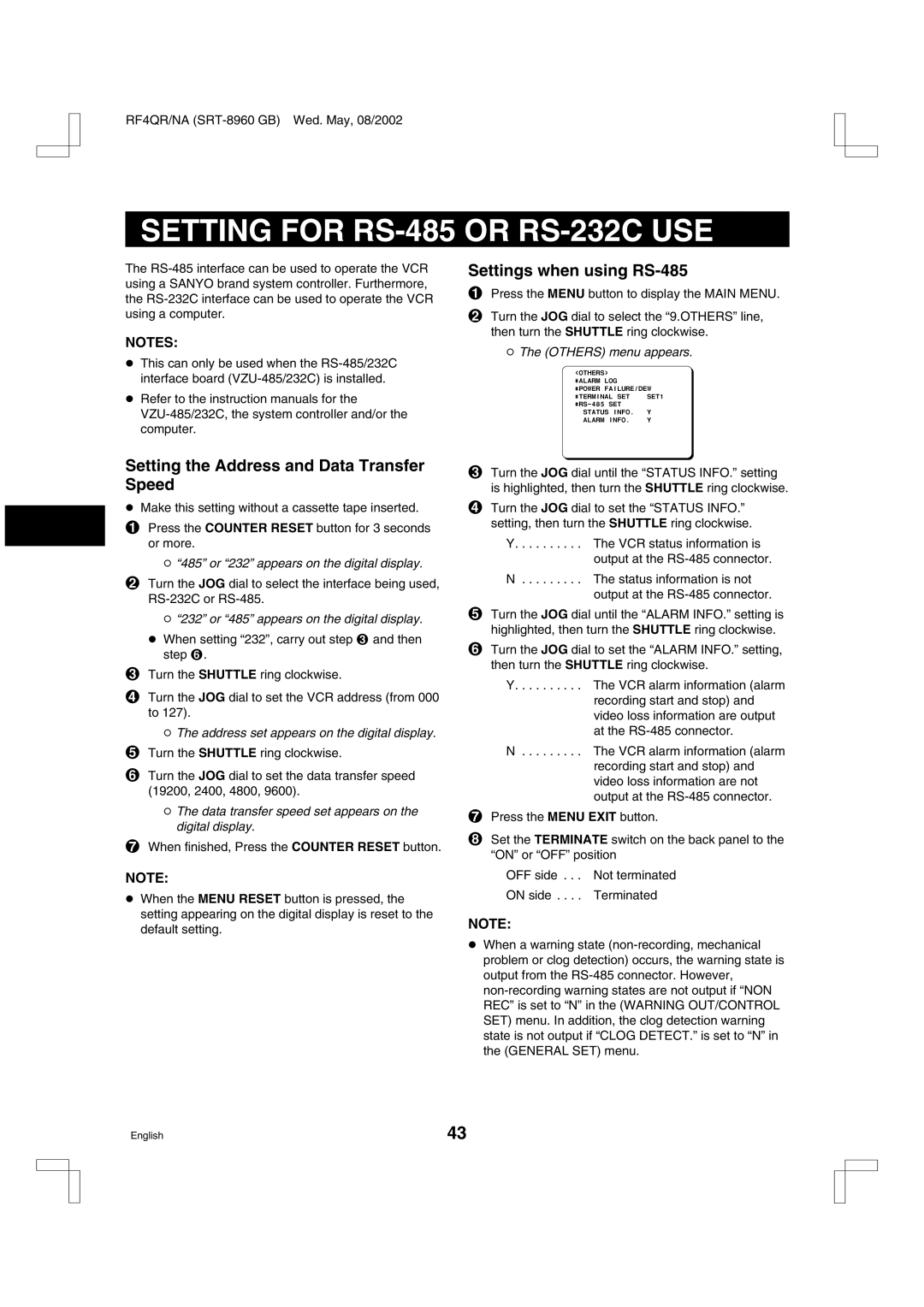 Sharp SRT-8040 Setting for RS-485 or RS-232C USE, Setting the Address and Data Transfer Speed, Settings when using RS-485 