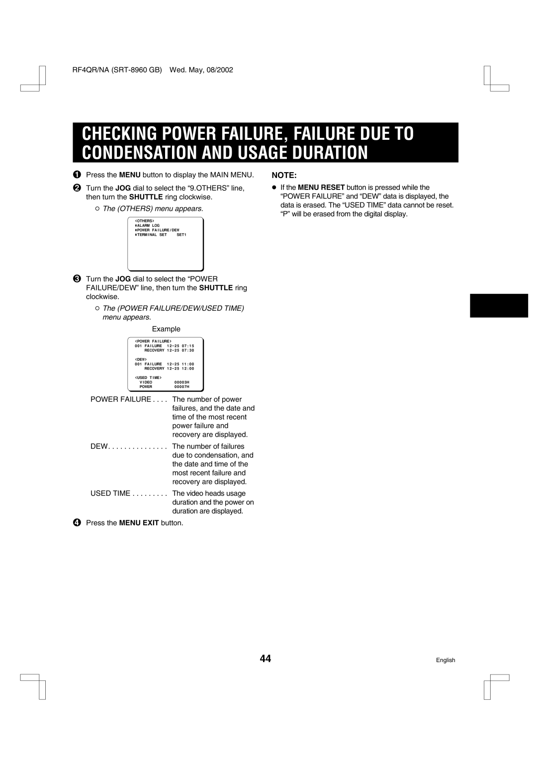 Sharp SRT-8960, SRT-8168, SRT-8040 instruction manual Power FAILURE/DEW/USED Time menu appears 